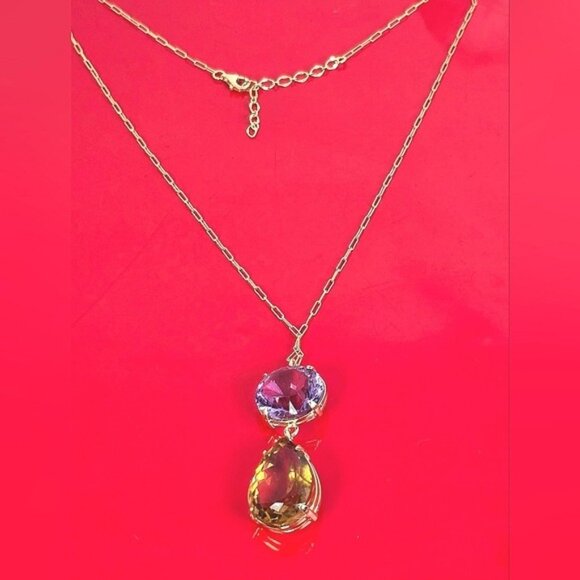 925 Sterling Silver Necklace 14K Gold Pl with Natural Amethyst & Honey Quartz - Picture 11 of 12